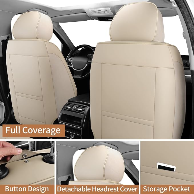 Leather Car Seat Covers Full Set Automotive Seat Protectors | Breathable Waterproof Durable Full Surround & Lumbar Support Design Non-Slip Universal Fit for Most Cars SUV Trucks Van Beige - Image 4