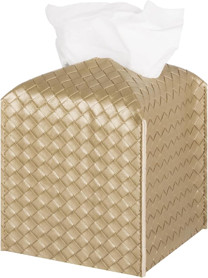 Tissue Box Cover Square Leather Facial Paper Holder, Gold | PU Leather，Easy to Fill, Easy Clean, Decorative Cube Tissue Box Holder for Office, Bathroom,Kitchen, Living room, Guest room by zoocatia