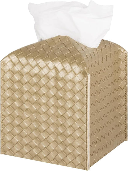 Tissue Box Cover Square Leather Facial Paper Holder, Gold | PU Leather，Easy to Fill, Easy Clean, Decorative Cube Tissue Box Holder for Office, Bathroom,Kitchen, Living room, Guest room by zoocatia