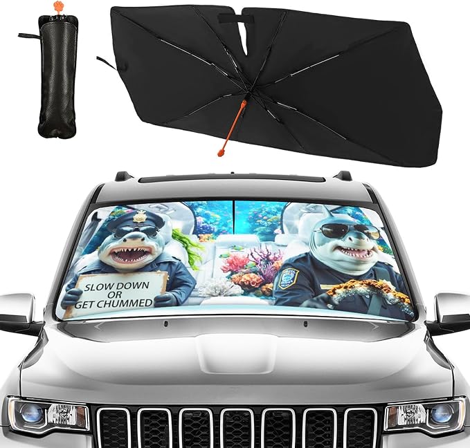 CHILL·TEK Funny Animal Car Windshield Sun Shade Umbrella, Funny Sharks Car Sun Shade Umbrella, Block UV Rays Heat Foldable Windshield Umbrella Sun Visor Protector - Keep Vehicle Cool for Cars SUV - Image 2