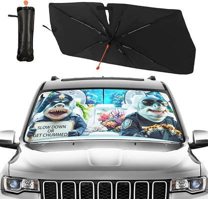 CHILL·TEK Funny Animal Car Windshield Sun Shade Umbrella, Funny Sharks Car Sun Shade Umbrella, Block UV Rays Heat Foldable Windshield Umbrella Sun Visor Protector - Keep Vehicle Cool for Cars SUV - Image 2
