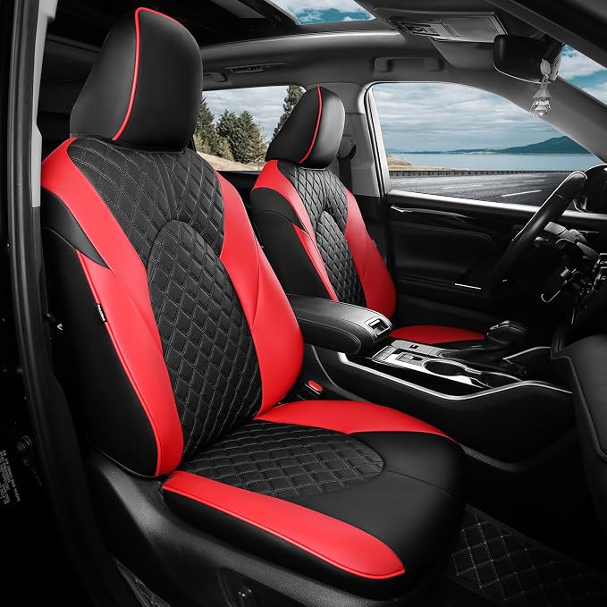 Custom Seat Covers for Toyota Highlander 2020-2024 8Seats BlackRed | faux leather, 2nd row 40/60 split bench, waterproof, breathable, airbag compatible, stain resistant, easy install by FEINEPRO