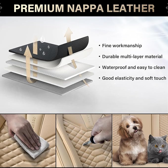 Coverado Front Seat Covers, 2 Pieces Universal Seat Cover for Cars, Breathable Nappa Leather Waterproof Car Seat Cover, Car Seat Protector, Driver Seat Cover, Auto Seat Covers Fit for Cars, Beige - Image 5