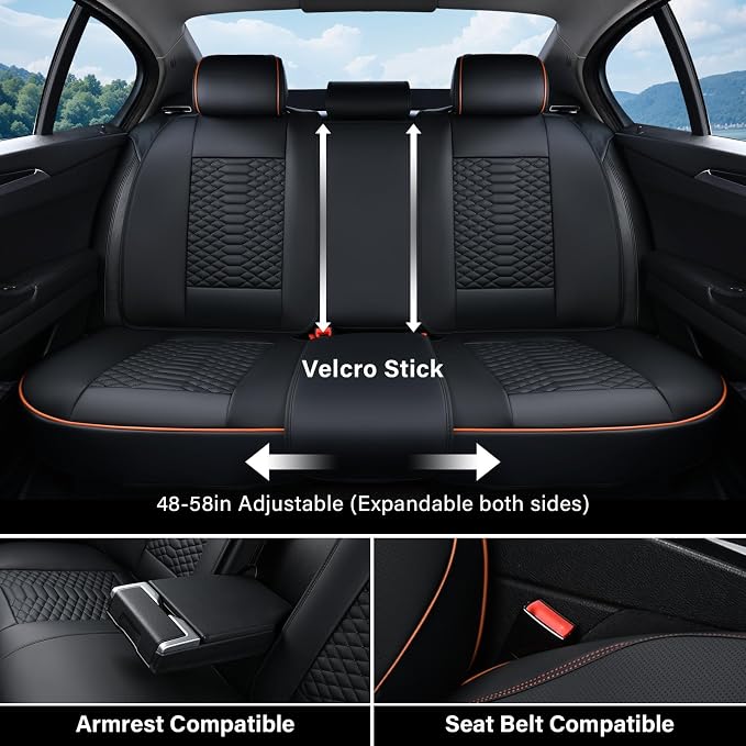 Coverado Leather Seat Covers, Car Seat Covers Full Set, Nappa Leather Seat Covers for Cars, Car Seat Protectors Waterproof, 5 Seats Black&Orange Automotive Seat Covers Fit for Most Cars Trucks - Image 2