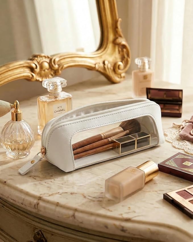 Clear Pencil Case Pouch,PVC Small Makeup Bag for Purse (Slim, Beige) | Waterproof PU Leather Portable Makeup Bag for Purse Holder with Transparent Window,Gifts for GIRLS BOYS - Image 3
