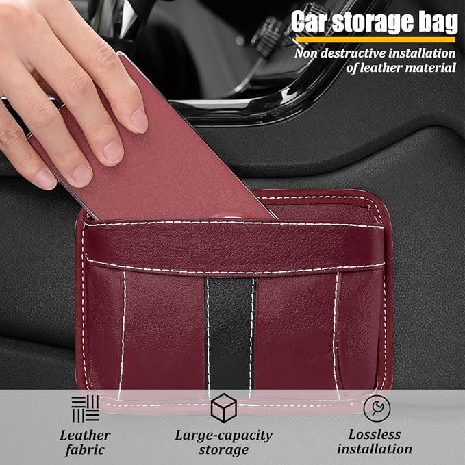 Car Seat Side Pocket Organizer, Leather Vehicle Seat Gap Filler Organizer, Automotive Console Side Cell Phone & Sunglasses Holder Storage Bag, Universal for SUV Automobile Truck (Wine Red) - Image 3