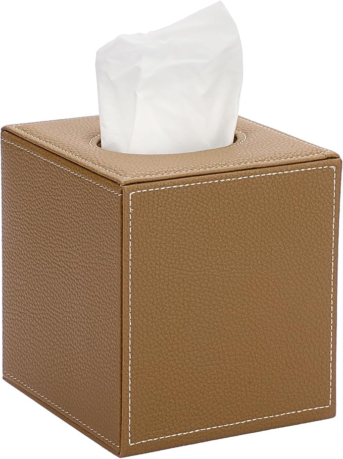 Sumnacon Square Tissue Box Cover,Magnetic Bottom PU Tissue Box Holder,Camel | Stylish Cube Leather Tissue Box Covers ,Decorative Tissue Box for Vanity Dresser Night Stand Table Countertop Home Office Car by Sumnacon