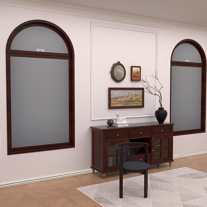 Myshade Arch Window Shades Half Circle Blackout Cellular Shades Cordless No Drill Blinds for Windows Half Moon Honeycomb Fabric No Tools Room Darkening Shades Easy Install (2PCS Grey 24" W X 12" H) - Image 2