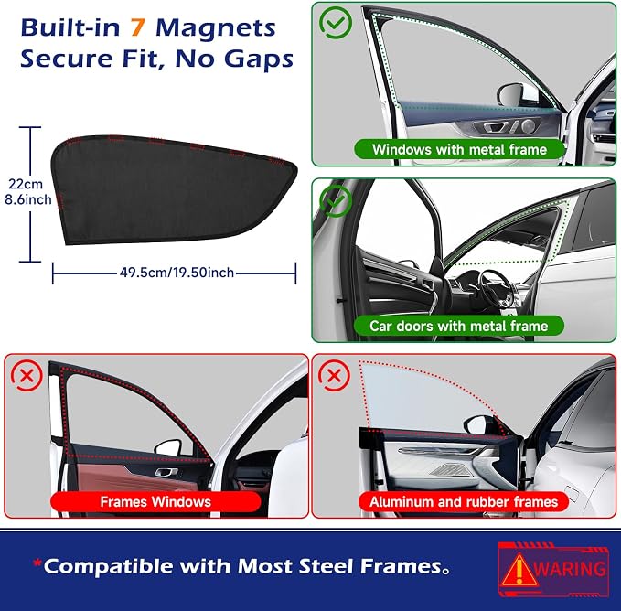 Car Window Shades, Magnetic Side Window Sun Glare Blocker with 7 Built-in N40 Magnets, 2 Pack UV Protection Driving Shade for Driver & Passenger Side, Heat Reduction, Easy Installation - Image 3