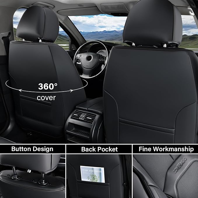 Coverado Car Seat Covers Full Set, Premium Nappa Leather Seat Covers for Car, Waterproof Car Seat Protector with Lumbar Support, Automotive Seat Covers Universal Fit for Most Cars SUV Truck(Black) - Image 2