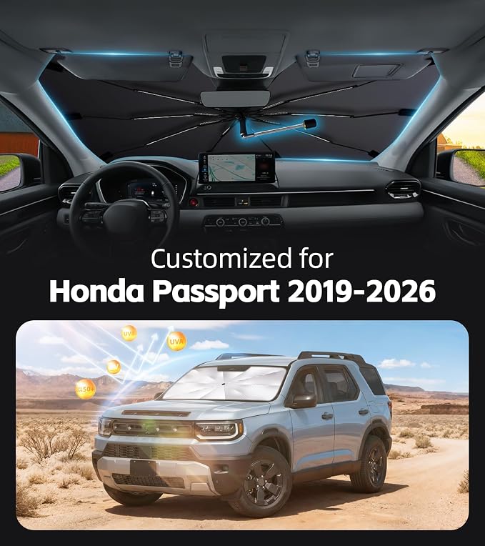 Windshield Sun Shade for Honda Passport 2019-2026 with 360° Rotating Shaft | Custom Fit Umbrella Sunshade for UV Blocking, Interior Heat Protection, Easy Storage, UPF 50+ Cool Windshield Cover - Image 2