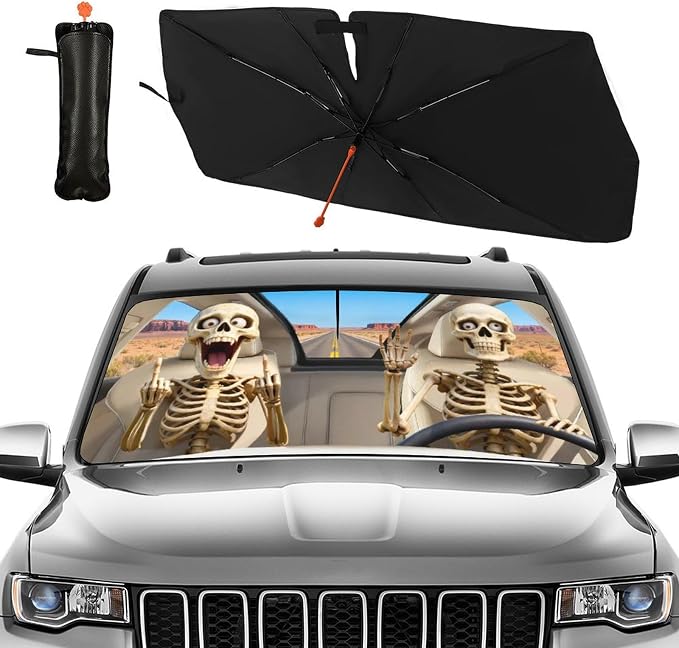 CHILL·TEK Funny Animal Car Windshield Sun Shade Umbrella, Funny Skull Car Sun Shade Umbrella, Block UV Rays Heat Foldable Windshield Umbrella Sun Visor Protector - Keep Vehicle Cool for Cars SUV - Image 2