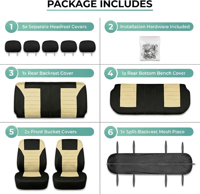 FH Group Automotive Car Seat Covers Full Set Premium 3D Air Mesh Front Seat Covers, Airbag Compatible & Split Bench Cover Universal Fit Interior Accessories for Cars Trucks and SUVs - Beige - Image 7