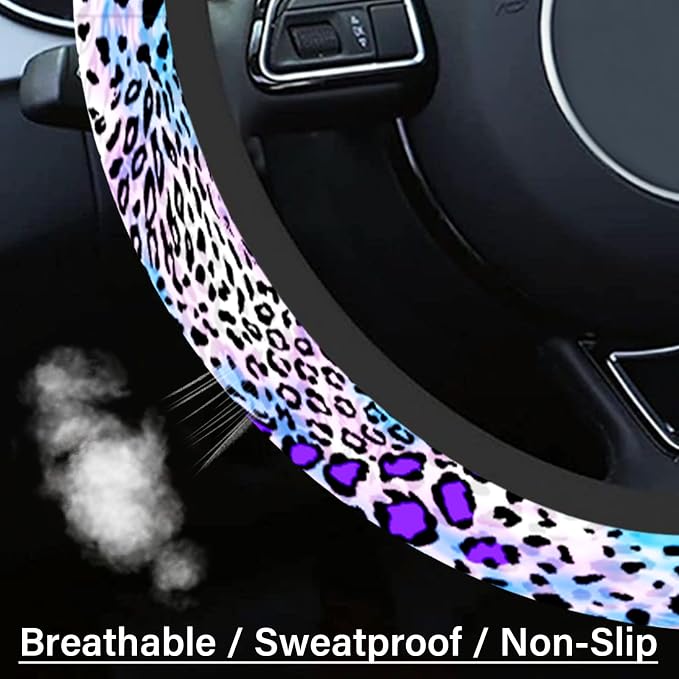 Car Steering Wheel Cover for Women Men, Non-Slip Breathable Cute Steering Wheel, Purple Leopard Steering Wheel Protector, Car Accessories, Universal 14" 02/2-15" Fit Auto, Suvs - Image 3