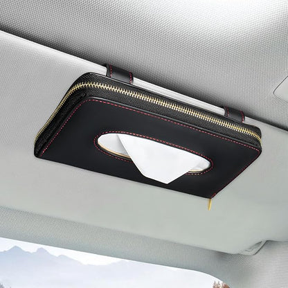 Car Tissue Box, Leather Auto Sun Visor Napkin Case Tissue Case Holder with Zipper, Sunvisor Paper Towel Storage Box Napkin Organizer for Most Vehicles, Car Accessories (Black) - Image 6