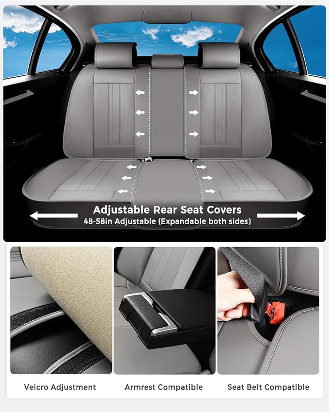 Huidasource Gray Rear Seat Cover, Luxury Faux Leather Back Seat Car Cover, Velcro Adjustable, Compatible with Child Seat, Perforation Cooling＆Heating, Universal Fit for Most Cars Vans Trucks SUVs Gray - Image 3