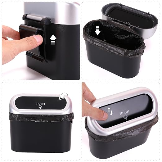 Ginsco Mini Car Trash Can with Lid, Small Car Garbage Can, Cute Leakproof ABS Car Trash Bin, Car Accessories for Interior, Garbage Bin for Car, Home, Office with 120pcs Trash Bags Black/Silver - Image 3