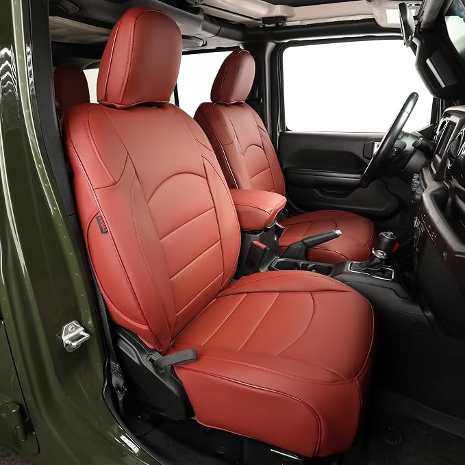 coverdream Wrangler Seat Covers Full Set for 2018-2025 2026 Jeep Wrangler Sport,Sahara SUV,Rear Split Seat w/No Armrest,Fully Covered,Luxury Waterproof Leather Car Seat Protector(Wine Red) by Coverdream