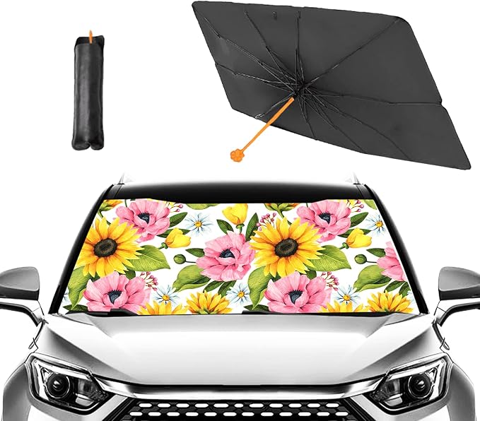 Sunflowers Poppy Daisy Car Windshield Umbrella,Large Size Windshield Sun Shade Umbrella for Front Windows,UV Rays and Heat Sun Visor Protector Foldable Reflector Sun Shield Fits Most Vans SUVs by Unknown