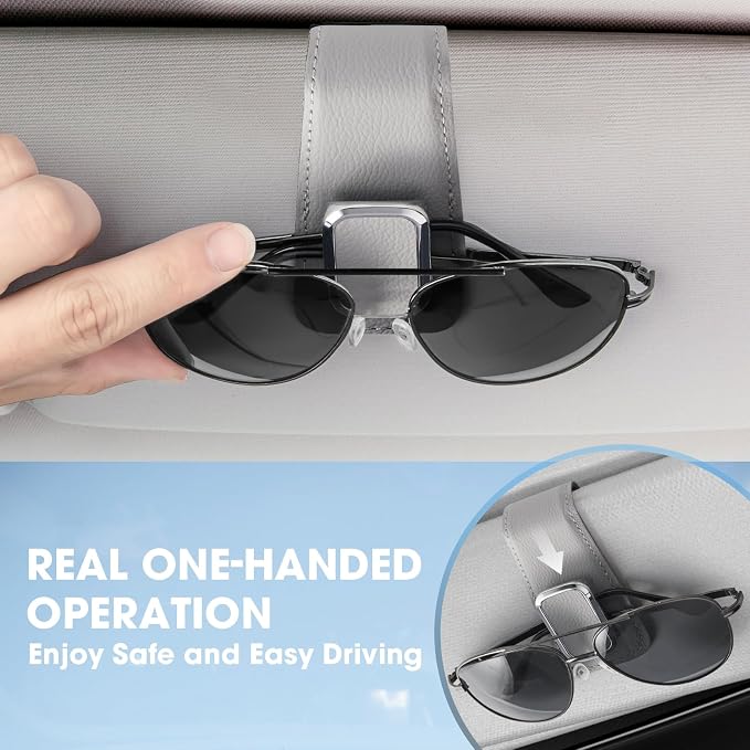 BMLEI Car Sunglasses Holder, Sun Visor Eyeglasses Clip, 2-Pack Gray | one-handed operation, sturdy leather material, gentle & secure hold,visor sunglass for car,universal fit - Image 2