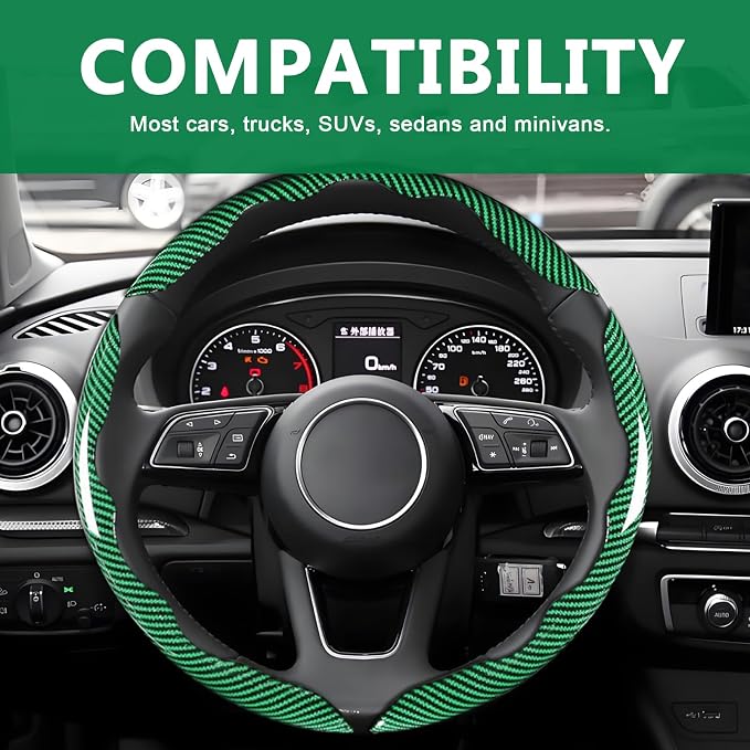 3pcs Universal Carbon Fiber Steering Wheel Cover - Anti-Slip & Segmented Design, Universal 99% Durable Steering Wheel Protector for Men and Women, Car Interior Accessory (Green) - Image 7