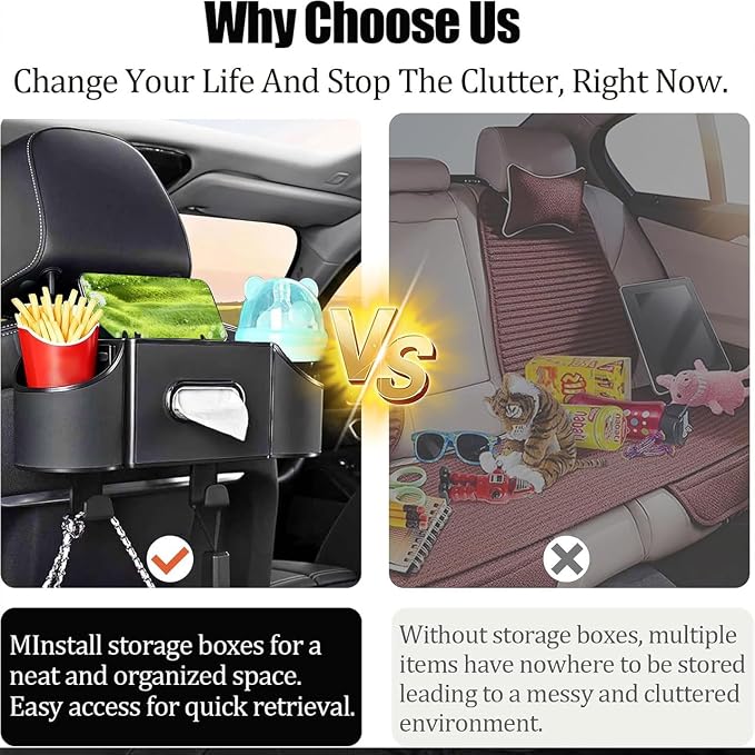 Back Seat Car Organizer,4 in 1 Multifunctional Car Back Seat Storage Box with Drink Cup Holder Tissue Box, for Hold Phone,Snacks, Drinks, Handbag-Black-2Packs - Image 3