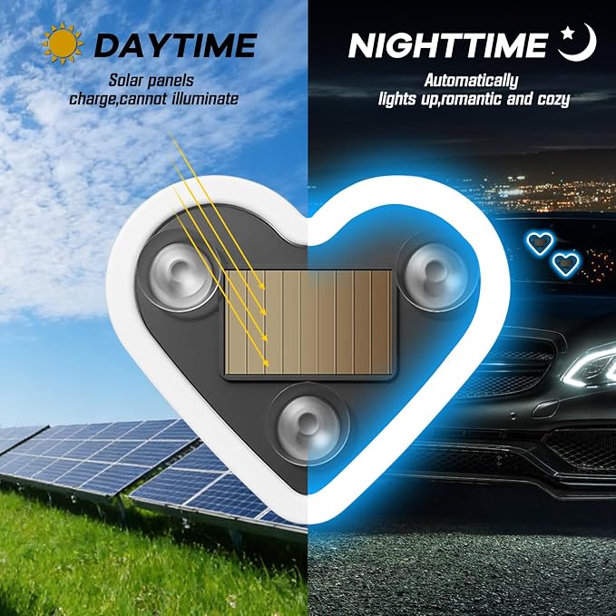 4PCS Car Window Wireless LED Ambient Light Solar Powered Love Heart Shaped Neon Lamp for Night Driving Interior Decor Accessories Romantic Gift for Women Girl Couples-Ice Blue - Image 3
