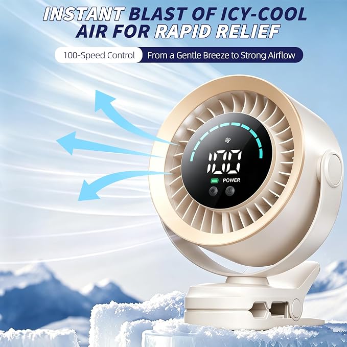 Portable Clip on Fan, Rechargeable USB Desk Fan with Turbo Airflow, 100 Speeds LED Display, 360° Rotation, Small Quiet Battery Powered Fan for Stroller Outdoor Travel Camping Golf Cart, White - Image 3