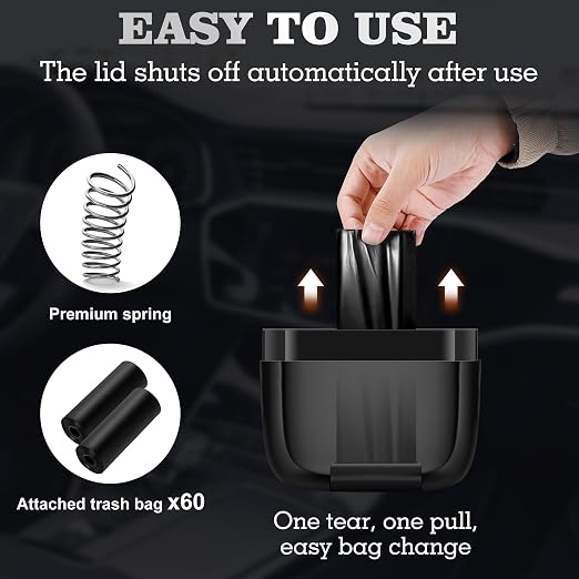 2 Pack Car Trash Can with Lid, Built-in Storage Garbage Bag, Black | Leakproof Car Door Trash Can with Hook, 60pcs Trash Bags, Mini Automotive Garbage Bin for Vehicle, Office, Home - Image 4