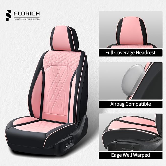 FLORICH Leather Cars Seat Covers Full Set Pink Car Seat Covers Front and Rear Seat Covers for Car Waterproof Vehicle Seat Interior Cover Universal Fit for Most Car Truck SUV, Black&Pink - Image 6