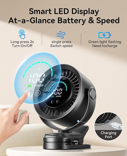 KIMMOO Portable Clip on Fan, 100-Speed Rechargeable USB Fan with LED Display, 360° Rotation & Strong Airflow Desk Fan, Up to 17 Hours Small Battery Fan for Outdoor Travel Camping Treadmill Car (Black) - Image 6