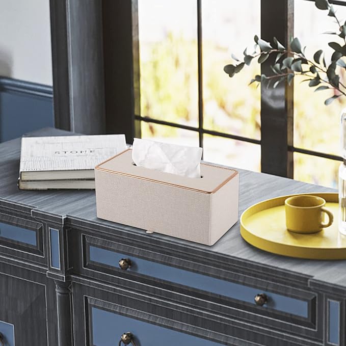 Fashion Leather Tissue Box Holder,Rectangular Tissue Box Cover for Bathroom Dresser Night Stand,Napkin Box Drawer Paper Dispenser,Home Office car Tissue Holder with Magnetic Bottom (Beige) - Image 6