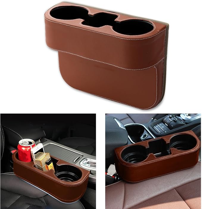 Car Cup Holder, Auto Front Seat Gap Interior Drink Organizer, Multifunctional Cup Drink Holders with PU Leather Cover, Gap Filler Storage Box Coin Bucket Console Side Pocket Key Wallet Holder (Brown) by Unknown