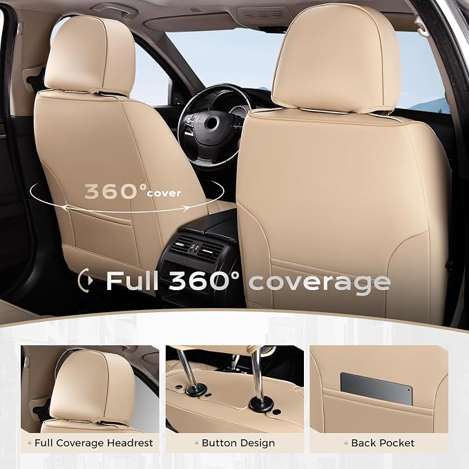 Coverado Car Seat Covers Full Set, Nappa Leather Seat Covers for Cars, Car Seat Protector Car Seat Cushion, Front and Back Seat Protectors Cushions Universal Fit for Most Cars Vehicles(Beige&Coffee) - Image 3