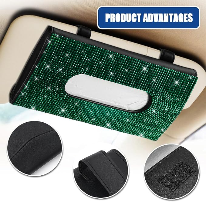 Bling Car Sun Visor Tissue Box Holder, Visor Accessories, Rhinestone PU Leather Crystal Sparkling Napkin Holder, Auto Sun Visor Paper Towel Cover Case Accessories for Most Cars (Green) - Image 3