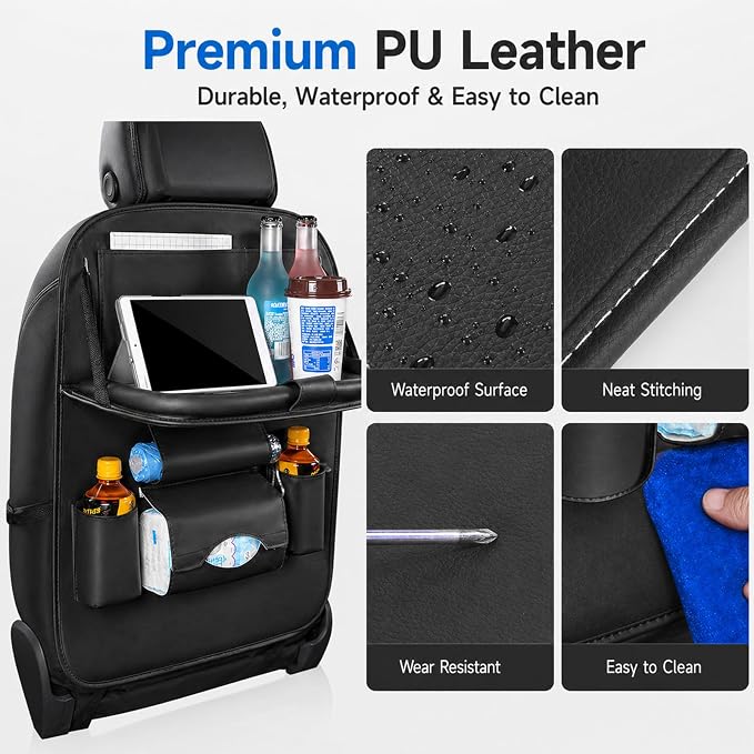 Universal Foldable Car Backseat Organizer with Table Tray, Car Seat Back Protector with Touch Screen Phone Holder, Premium Leather Kick Mats with Storage Pockets Tissue Holder (Black) - Image 3