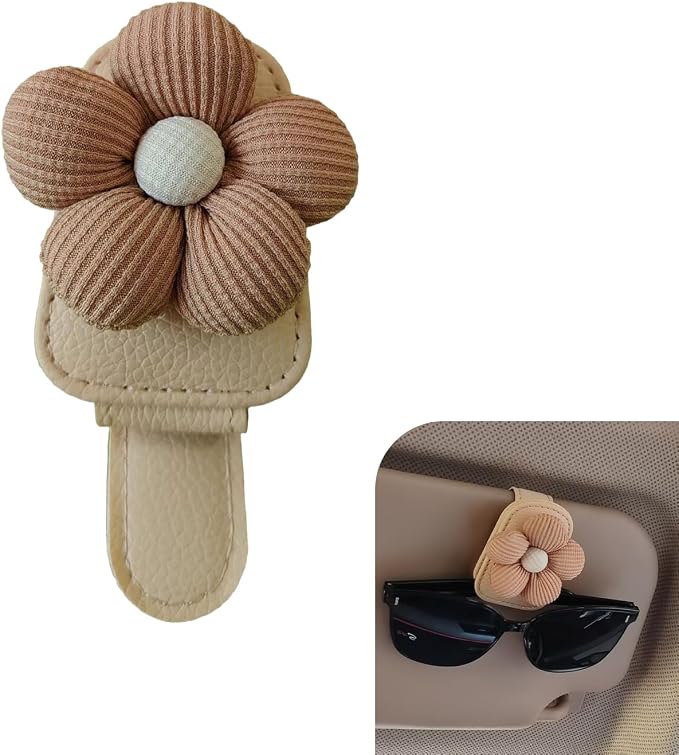 Sunglasses Holders for Car Sun Visor, Cute Visor Sunglasses Holder Clip with 3D Fabric Daisy, Creative Leather Glasses Holder and Ticket Card Clip, Universal for Most Cars (Brown) by Unknown