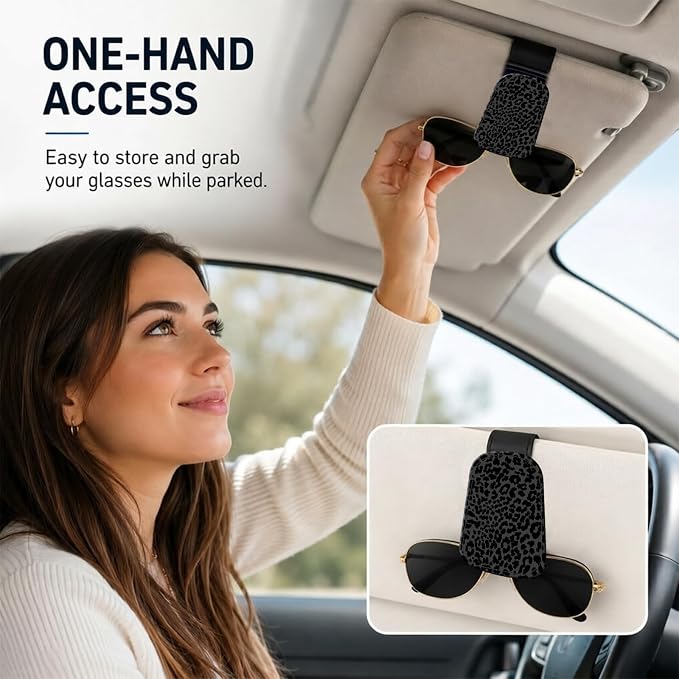 Leather Magnetic Sunglass Holder for Car Sun Visor, Cute Eyeglass Ticket Card Hanger Clip, Universal Auto Interior Accessories for SUV Pickup Truck, Black Leopard - Image 2