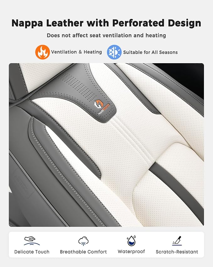 Huidasource Front Car Seat Covers Luxury Nappa Leather, Car Seat Covers Front Seats with Airbag, Front Storage Pocket, Lumbar Support Cooling＆Heating Universal Fit for Most Cars SUV Trucks, Gray&White - Image 5