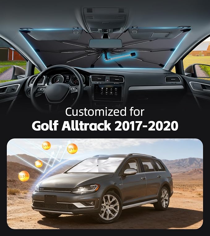 Windshield Sun Shade for Volkswagen Golf Alltrack 2017-2020, UPF50+ | 360°Rotating Shaft, Custom Fit Umbrella Sunshade for UV Blocking, Interior Heat Protection, Easy Storage for Naps - Image 2