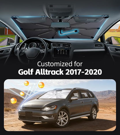 Windshield Sun Shade for Volkswagen Golf Alltrack 2017-2020, UPF50+ | 360°Rotating Shaft, Custom Fit Umbrella Sunshade for UV Blocking, Interior Heat Protection, Easy Storage for Naps - Image 2