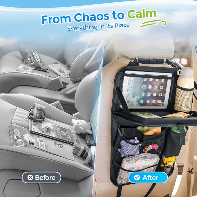 Tsumbay Backseat Car Organizer with Foldable Tray, 9 Pockets, Kick Mat Seat Protector, 18KG Capacity, Waterproof Oxford Fabric for Kids, Family Travel - for Car, SUV, Van (Oxford-2Pck) - Image 2