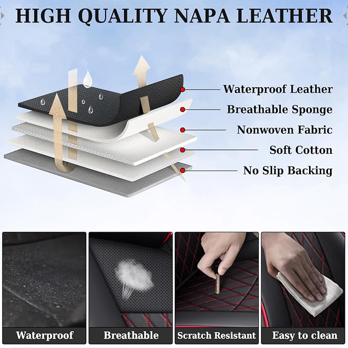 Coverado Tacoma Seat Covers, Car Seat Covers Front Seats, Leather Seat Covers for Cars Car Seat Protector Cushion Tacoma Accessories Custom Fit 2005-2023 Toyota Tacoma Double/Crew Cab(Red) - Image 4