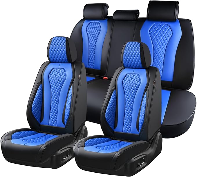 Coverado Car Seat Covers, Leather Seat Covers Full Set, Blue Seat Covers, Car Seat Cushion, Driver Car Seat Covers, Waterproof Car Seat Protector Fit for Most Cars by COVERADOAUTO