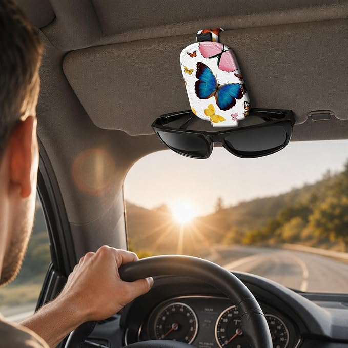 Sunglasses Holder for Car Visor, PU Leather Glasses Clip Organizer, Cute Magnetic Eyeglass Holder for Vehicle Sun Visor, Car Interior Accessory for Women & Men, Colorful Butterfly - Image 6