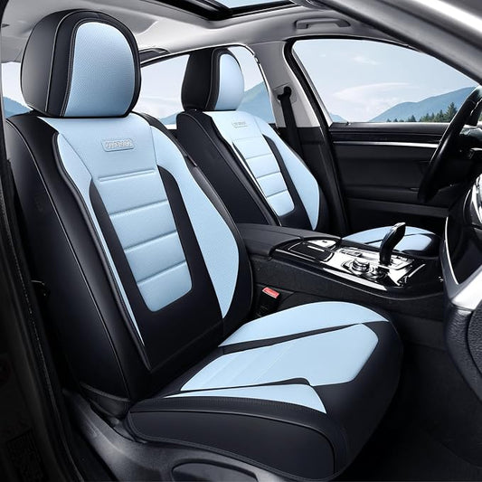 Coverado Car Seat Covers Front, Seat Covers for Cars, Waterproof 2-Pack Car Seat Cushions, Leather Carseat Seat Protectors, Universal Seat Covers Fit for Most Sedans Pick-up Trucks(Black&Light Blue) by COVERADOAUTO