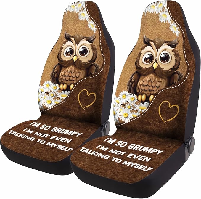 GENANY Cute Owl Car Seat Covers, 2-Piece Front Seat Set | 2-piece polyester front seat cover set, each 35 x 21 x 21 inches, with adjustable straps and hooks - Image 2