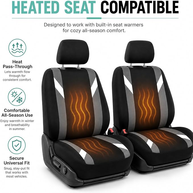 FH Group Front Set Cloth Car Seat Covers for Low Back Seats with Removable Headrest, Universal Fit, Airbag Compatible Seat Cover for SUV, Sedan, Van, Gray - Image 5