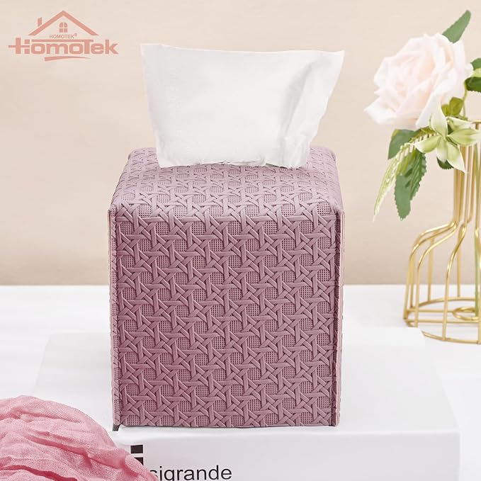 HOMOTEK 2 Pack Tissue Box Cover, Square PU Leather Tissue Holder, Decorative Facial Tissue Cube Paper Organizer Dispenser for Bathroom, Night Stands, Desk, Car 5X5X5'' - Rattan Weave,Plum Red - Image 5