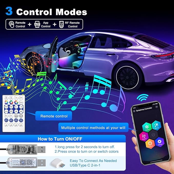 Dreamcolor Acrylic Interior Car LED Strip Light with Motion Sensor Switch, 55.1 inches Neon LED Strip Light, RGB Colors Ambient Lighting Kits - Image 2